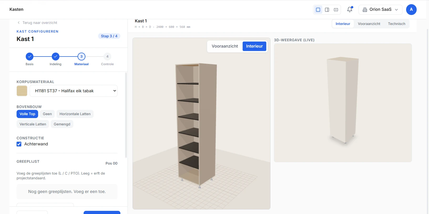 Orion ERP kastenconfigurator met materiaalkeuze, kastopbouw en live 3D-weergave